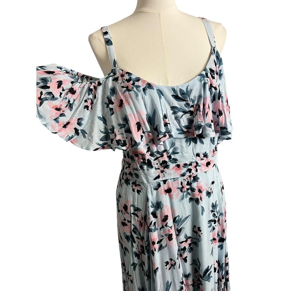 Torrid Floral Sundress Womens 2X Plus Blue Cold Shoulder Ruffle Midi Boho Summer - Picture 2 of 12